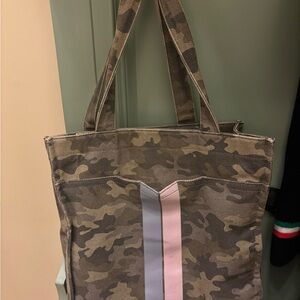 Stella & Dot Camouflage Crossbody Bag with Pink and Gray Stripes